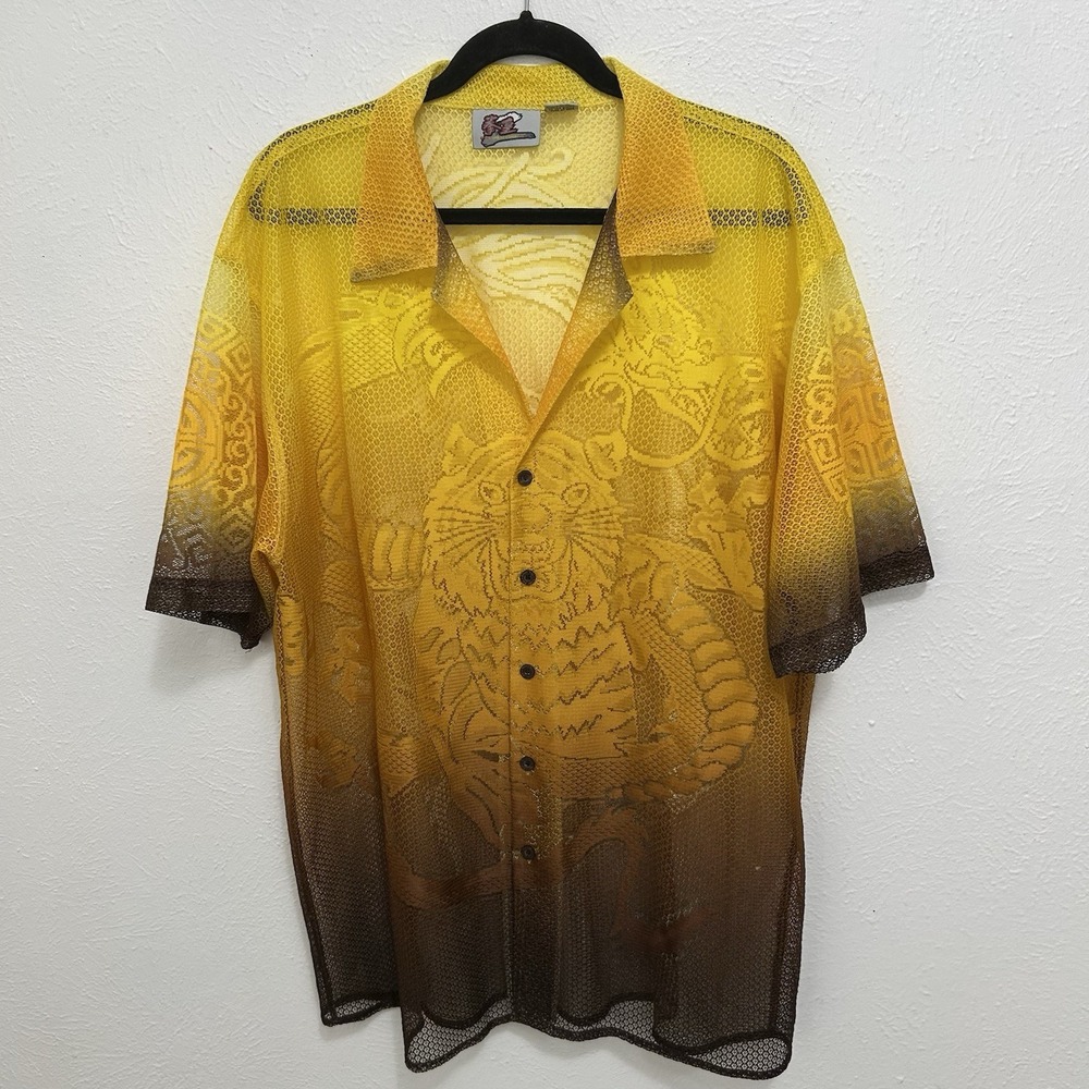 Billion Bay Sz XL 90s WILD Rad Funky Asian Dragons Tigers Print Mesh Shirt Top